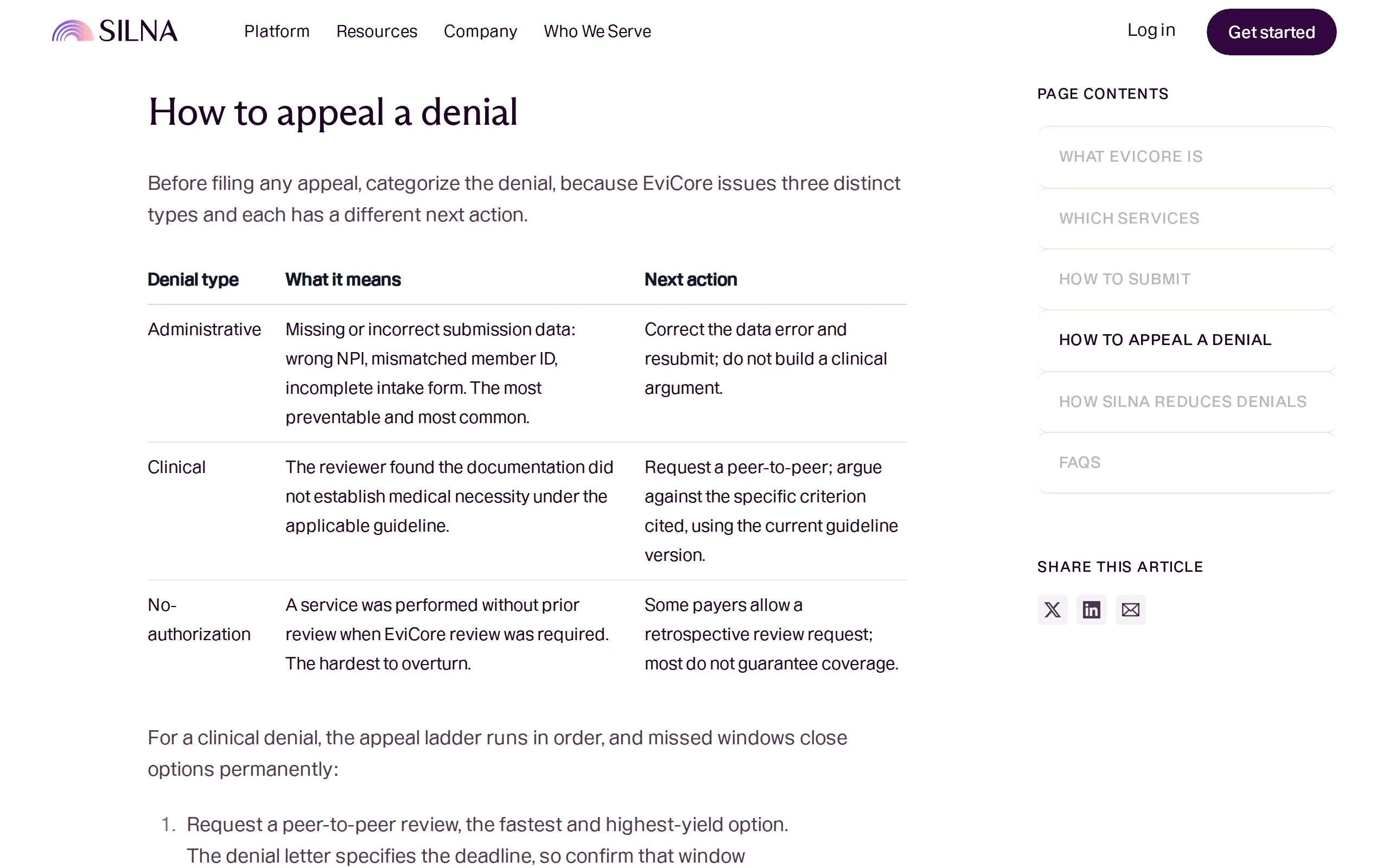The denial types table on EviCore prior authorization, a page keygrip wrote for Silna Health