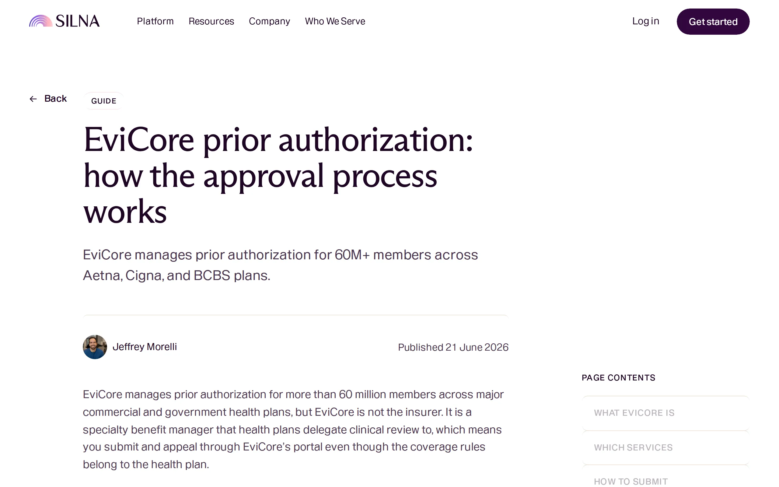 The top of EviCore prior authorization, a page keygrip wrote for Silna Health
